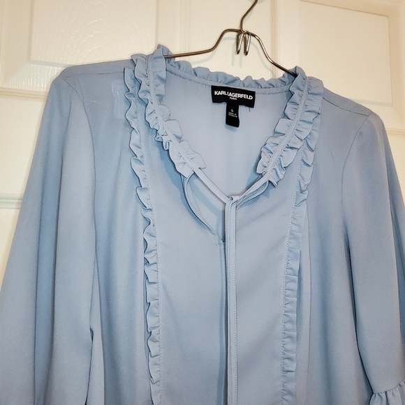 KARL LAGERFELD Ruffle Keyhole Neck Bell Sleeve, size Small, Blue - Picture 3 of 7